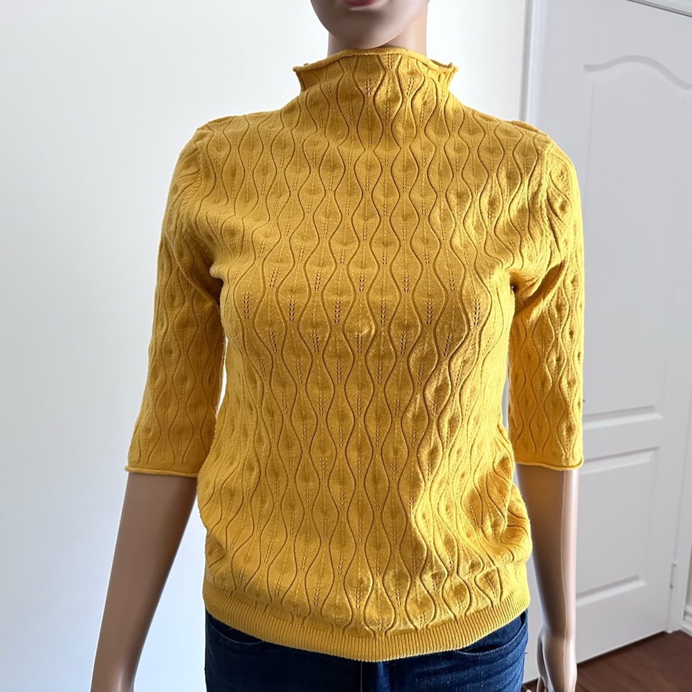 Yellow Mockneck Middle Sleeve Sweater Knitwear Crochet Pattern Top